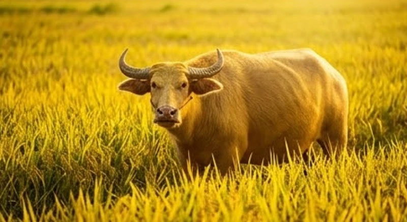 Con trâu vàng rực rỡ đứng giữa cánh đồng lúa chín, tượng trưng cho bộ số may mắn mang lại tài lộc trong lô đề