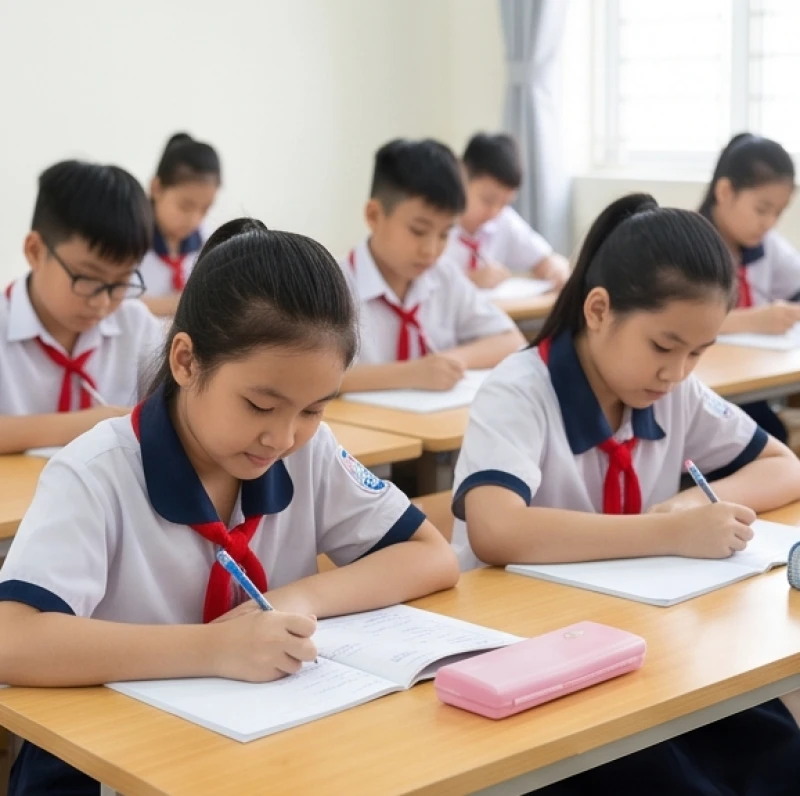 Nhóm học sinh 9 tuổi đang tập trung nghe giảng và ghi chép bài trên lớp học
