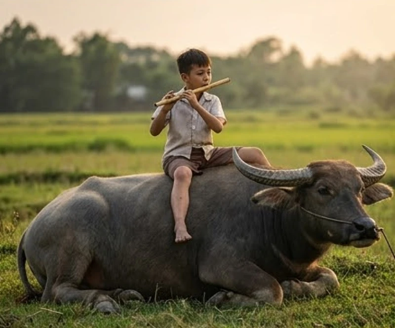 Mơ thấy chăn trâu: Điềm báo sự nghiệp và cách hóa giải rủi ro 3 Đứa trẻ mục đồng ngồi vắt vẻo trên lưng trâu và thổi sáo giữa không gian đồng quê miền quê yên ả