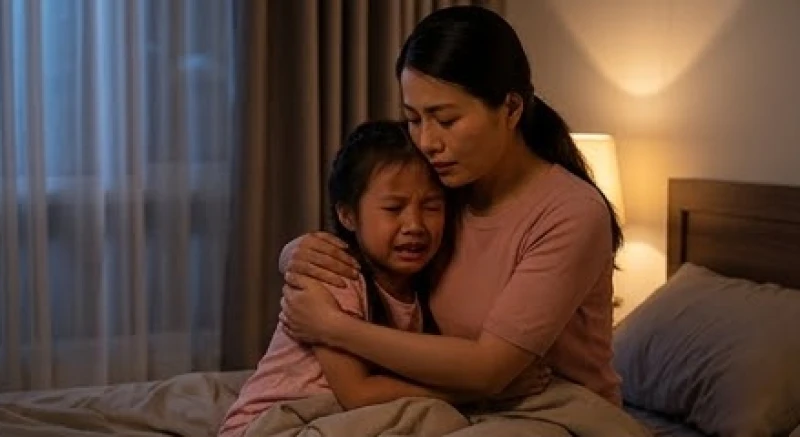 Người mẹ đang ân cần vỗ về và ôm đứa con gái nhỏ giật mình khóc giữa đêm
