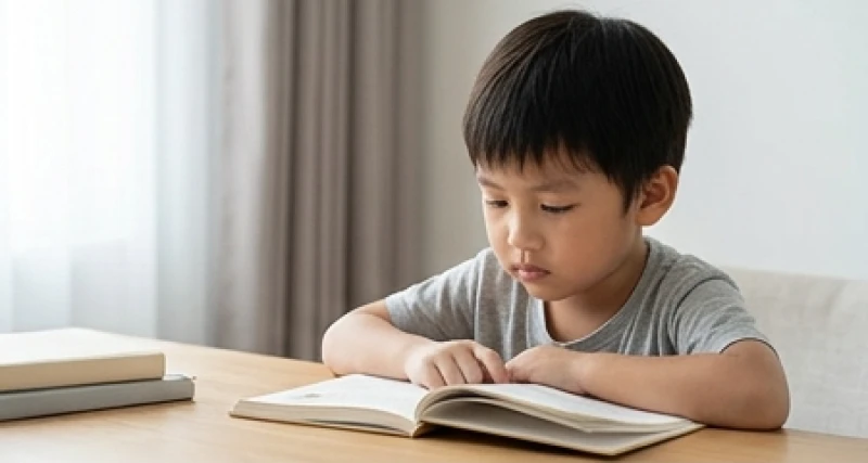 Bé trai đang chăm chú đọc sách tại góc học tập yên tĩnh thể hiện tính cách điềm đạm của tuổi Ất Mùi
