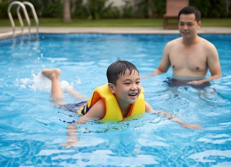 Bé trai mặc áo phao an toàn khi vui chơi dưới nước cùng người lớn