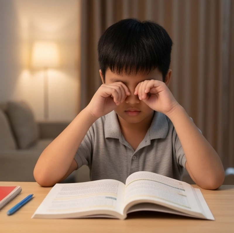 Một bé trai đang nheo mắt và lấy tay dụi nhẹ khi đọc sách do mỏi mắt lúc học bài