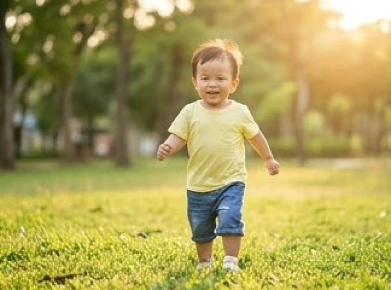 Em bé tuổi Ngọ vui vẻ chạy nhảy ngoài trời cùng bố mẹ tuổi Mùi