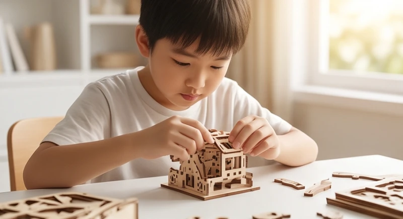 Bé trai đang tập trung cao độ lắp ráp mô hình gỗ trên bàn học rộng rãi