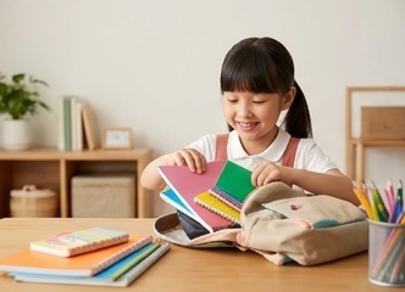 Bé gái 9 tuổi đang vui vẻ chuẩn bị sách vở và đồ dùng học tập tiểu học trên chiếc bàn gỗ