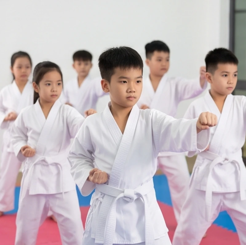 Các bé đang say sưa tập luyện các thế võ cơ bản tại một câu lạc bộ thể thao địa phương