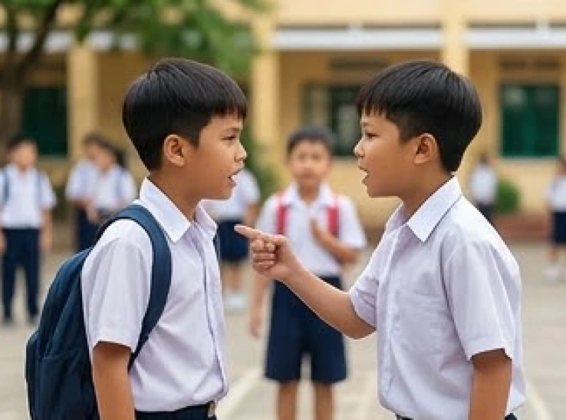 Hai bé trai tranh cãi gay gắt trong sân trường dưới ánh nắng gắt của buổi trưa