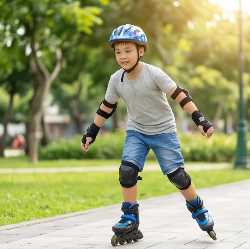 Bé trai đang trượt patin trong công viên với đầy đủ đồ bảo hộ đầu gối và nón bảo hiểm