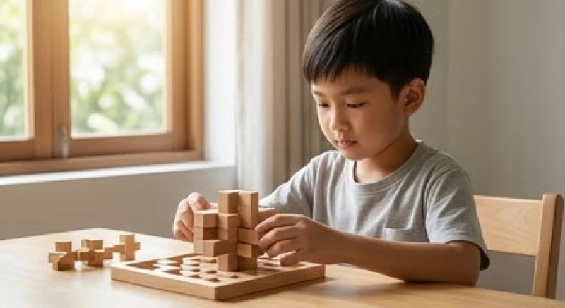 Bé trai đang ngồi một mình say sưa lắp ráp mô hình gỗ trên bàn học ngập tràn ánh sáng