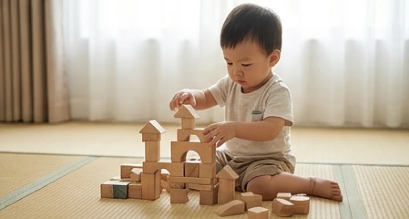 Em bé đang chăm chú hoàn thành bộ đồ chơi xếp hình bằng gỗ một cách hoàn toàn độc lập