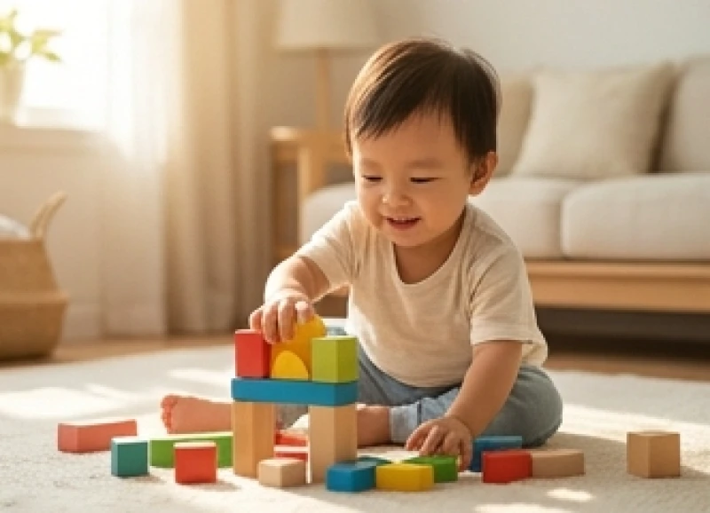 Em bé đang tự tay lắp ráp những khối gỗ đồ chơi trên tấm thảm trải sàn êm ái