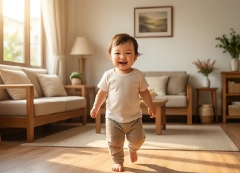 Điềm báo sắp có tin vui: Dấu hiệu nhận biết và cách giữ trọn lộc 8 Em bé chập chững bước đi và nở nụ cười rạng rỡ khi vui vẻ tiến vào khu vực phòng khách