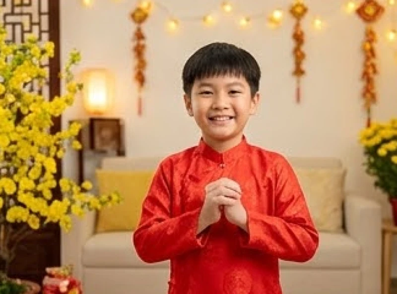 Tử vi tuổi Bính Thân 2016 năm 2026: Cẩm nang học tập & dâng sao 9 Cậu bé 10 tuổi mặc áo dài đỏ tươi tắn mỉm cười rạng rỡ chắp tay chúc Tết gia chủ trong khoảnh khắc xông đất