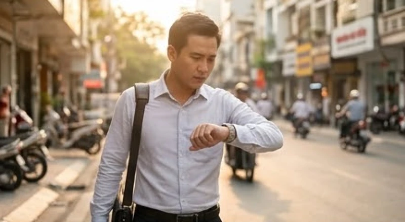Nam nhân viên văn phòng vừa xem đồng hồ vừa sải bước vội vàng trên phố