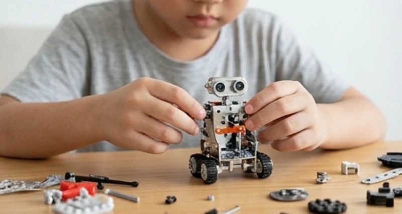 Đôi bàn tay trẻ em đang say mê lắp ráp mô hình robot cơ khí chi tiết trên mặt bàn thể hiện tư duy logic cao