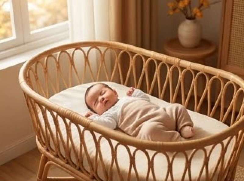 Em bé sơ sinh kháu khỉnh nằm trên nôi trong không gian mát mẻ dịu nhẹ của mùa thu