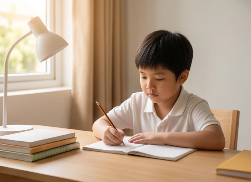 Trẻ em tuổi Ất Mùi chăm chú làm bài tập trong không gian tĩnh lặng và gọn gàng