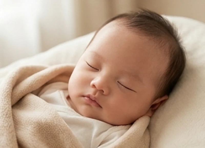 Em bé sơ sinh có tướng trán dô tự nhiên đang say giấc ngủ bình yên trong không gian êm ái và ấm áp