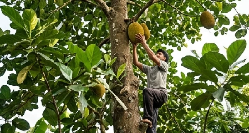 Người nông dân đang bám chặt vào thân cây mít xù xì để trèo lên cao tiếp cận những quả mít đã chín