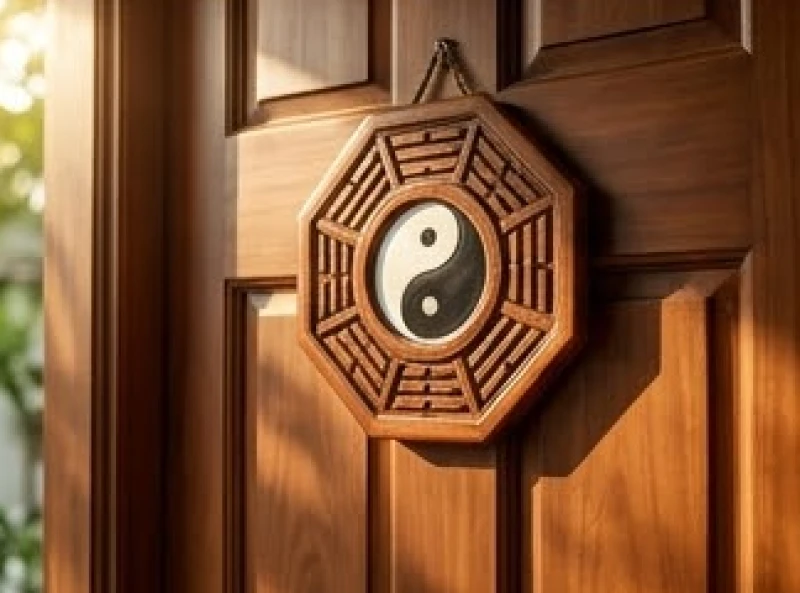 Tây tứ trạch là gì: Chi tiết 4 hướng nhà hợp tuổi và mẹo hóa giải 8 Gương bát quái Tiên Thiên bằng gỗ được treo trang trọng trên mép cửa chính để phản xạ sát khí