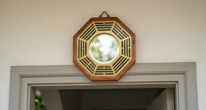Gương bát quái bằng gỗ được treo cố định ngay phía trên mép cửa chính để phản xạ sát khí