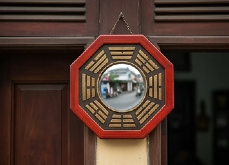 Bát Quái Là Gì: Nguồn Gốc, Quy Luật 8 Quẻ Và Ứng Dụng Phong Thủy 7 Chiếc gương bát quái bằng gỗ viền đỏ được treo chắc chắn phía trên cửa chính của một ngôi nhà mặt phố