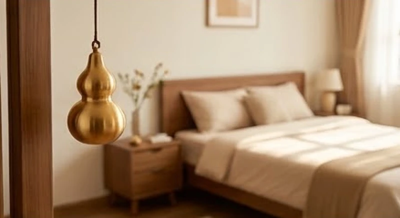 Hồ lô phong thủy bằng đồng được treo ở góc phòng ngủ giúp hóa giải sát khí và bảo vệ sức khỏe cho gia đình