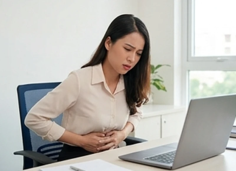 Nhân viên văn phòng ôm bụng vì các cơn đau co thắt thượng vị do áp lực công việc