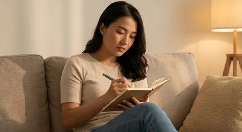 Một người phụ nữ đang ghi chép lại các triệu chứng mệt mỏi vào sổ tay sức khỏe
