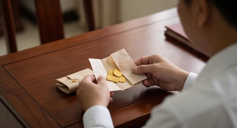 Đôi tay đang đặt một bọc giấy gói vàng miếng lên bàn làm việc bằng gỗ