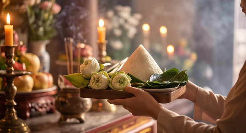 Người đi hành hương thành kính dâng mâm lễ vật và trình trầu cau tại ban Công Đồng