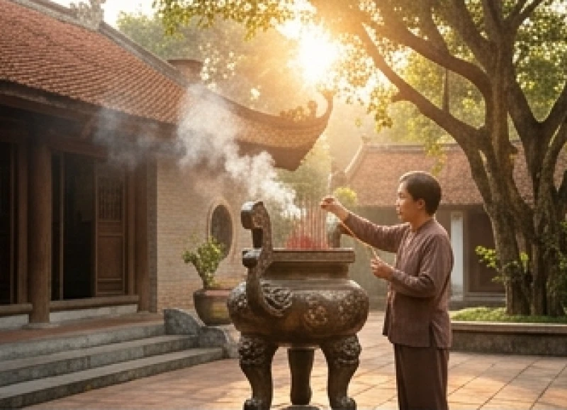 Văn khấn đi chùa ngày rằm: Sắm lễ và trọn bộ bài khấn các ban 1 Người đi lễ thắp hương thành kính tại lư đồng lớn giữa sân chùa trước khi vào chính điện