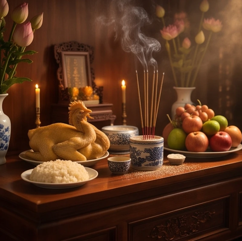 Văn khấn rằm tháng 7: Trình tự cúng bài bản và đúng nghi thức 1 Bàn thờ gia tiên và thần linh được bày biện mâm cỗ tươm tất với nhang đèn cháy sáng trong nhà