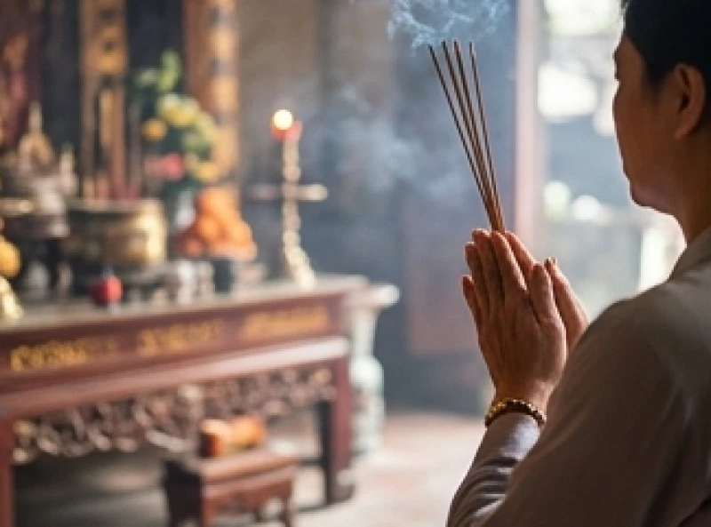 Người hành hương đứng chắp tay trang nghiêm dâng hương trước ban thờ nghi ngút khói nhang