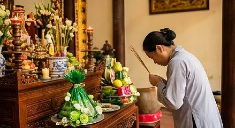 Tín chủ thành kính thắp hương và vái lạy trước ban thờ Công Đồng tại đền