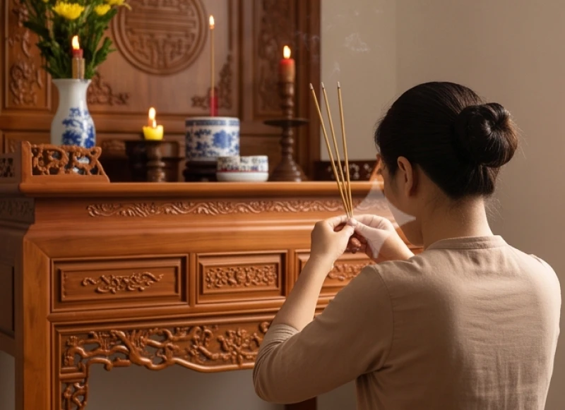 Người chủ lễ cúi đầu vái lạy trước bàn thờ chung của gia tiên và thần linh
