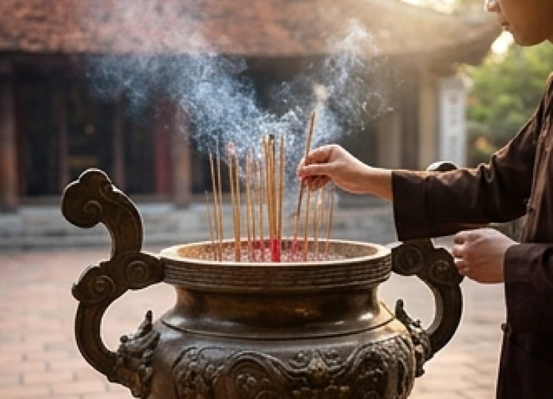 Người hành hương đang kính cẩn dâng nén nhang tại lư hương chung giữa sân đền