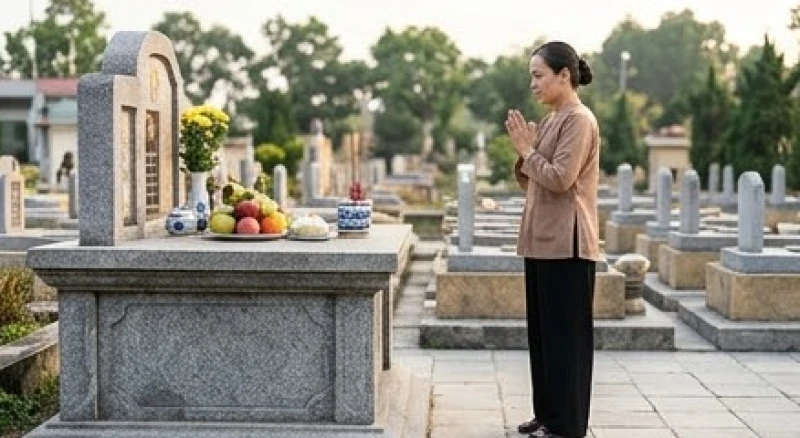 Văn khấn cáo giỗ ngoài mộ: Bài cúng chuẩn & nghi thức thực địa 6 Người đi lễ chắp tay vái lạy trang nghiêm tại ban Thần linh trước khi tiến về phần mộ của gia đình