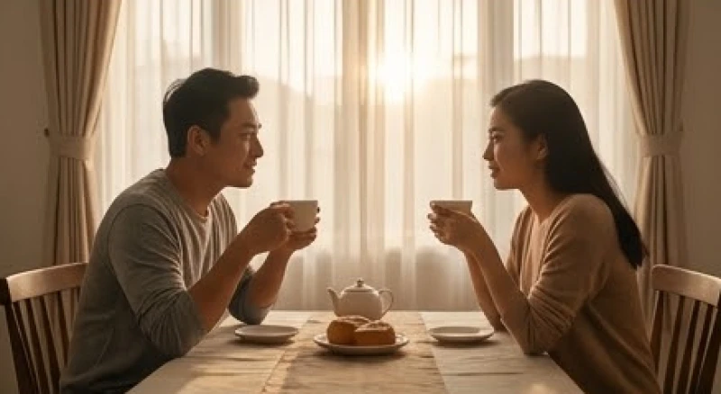 Mơ thấy bị đánh ghen là điềm gì: Giải mã bối cảnh & cách hóa giải 3 Hai vợ chồng đang ngồi uống trà và bình tĩnh trò chuyện cùng nhau