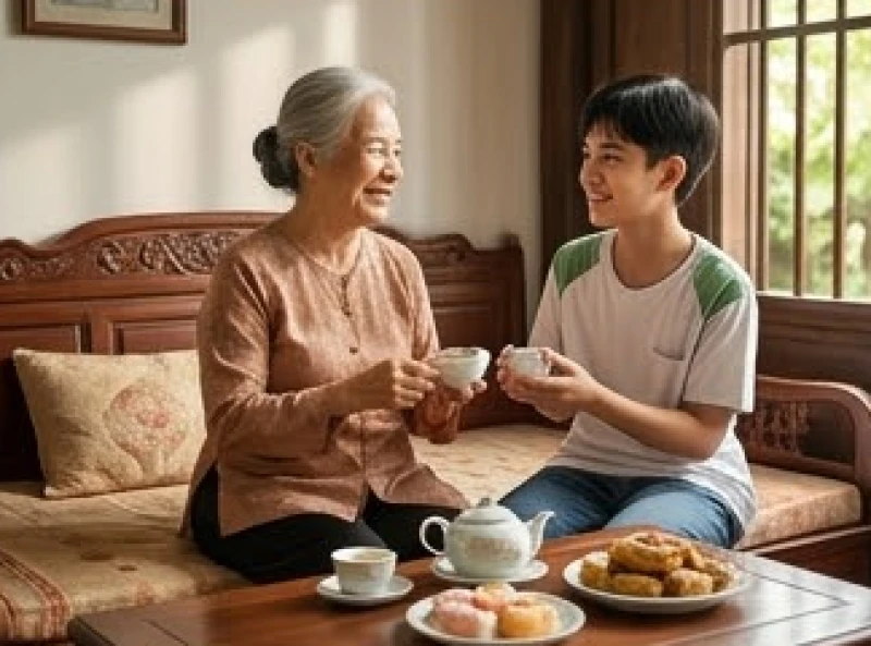 Tử vi trọn đời tuổi Bính Thân 1956 nữ mạng: Hậu vận & dưỡng mệnh 4 Bà cháu đang vui vẻ trò chuyện và thưởng thức trà bánh trên chiếc phản gỗ trong phòng khách truyền thống