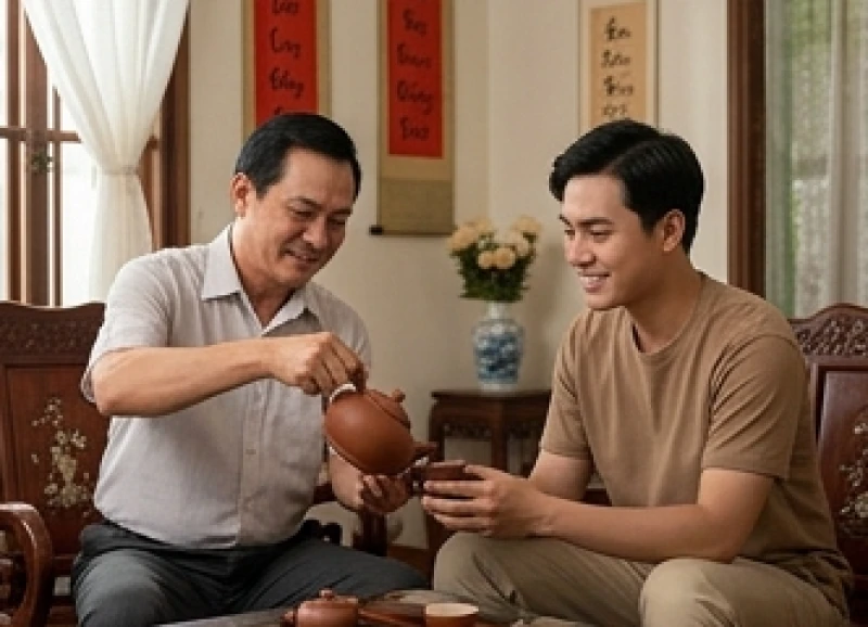 Tử vi tuổi Tỵ năm 2027: chi tiết vận hạn và trình tự cúng sao 3 Người cha trung niên đang ngồi uống trà và nói chuyện vui vẻ cùng con trai trong phòng khách