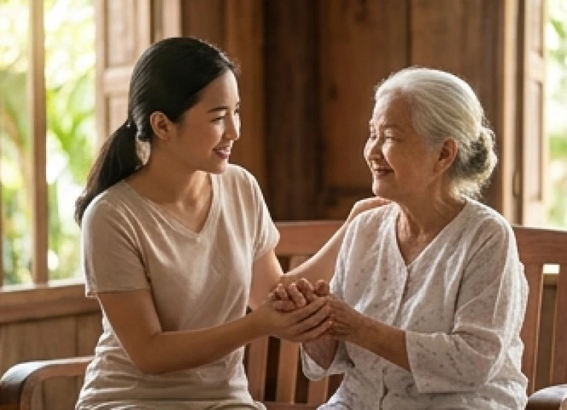 Con cháu vui vẻ trò chuyện giúp người cao tuổi giải tỏa áp lực tâm lý hàng ngày