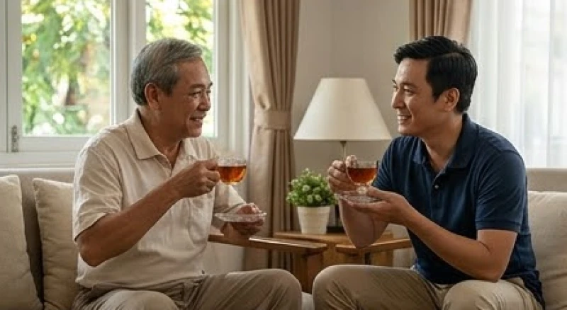 Hai cha con đang ngồi uống trà và vui vẻ trò chuyện cùng nhau tại phòng khách