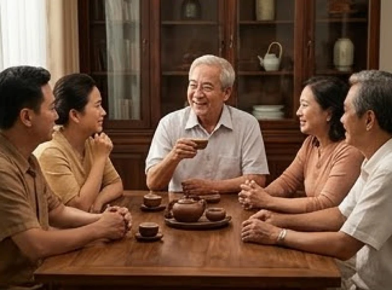 Gia đình nhiều thế hệ đang quây quần vui vẻ uống trà và lắng nghe những câu chuyện xưa của cụ ông trong phòng khách