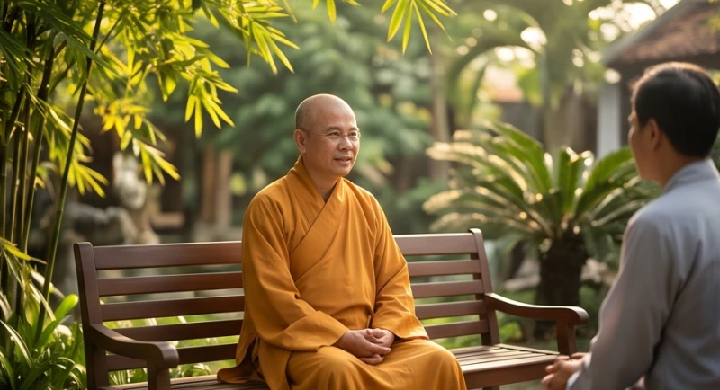 Mơ Thấy Đi Chùa: Giải Mã Điềm Báo, Cách Hóa Giải & Con Số Lộc 5 Một vị sư thầy thông thái đang hiền từ trò chuyện và chia sẻ những lời khuyên vô cùng sâu sắc
