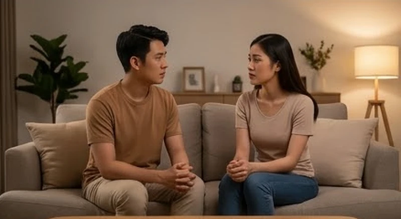Đôi nam nữ đang ngồi đối diện nhau, bình tĩnh trò chuyện để tháo gỡ những rạn nứt tình cảm ngầm trong cuộc sống gia đình