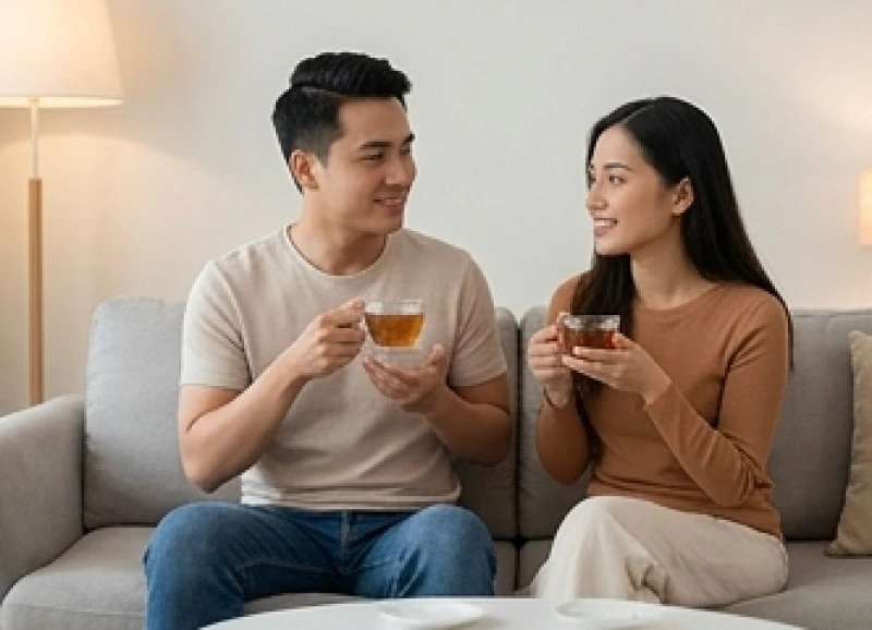 Hai vợ chồng ngồi uống trà và trò chuyện thấu hiểu để cùng nhau tháo gỡ những áp lực tài chính căng thẳng