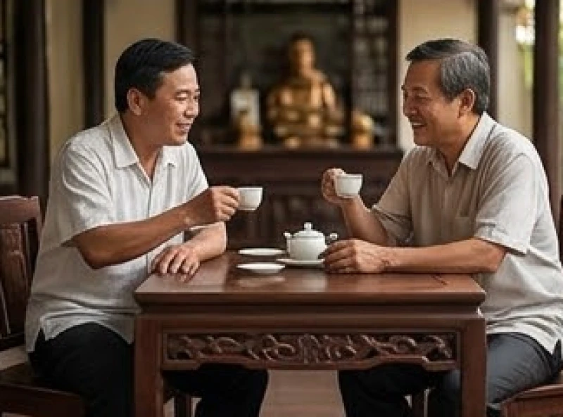 Tử vi tuổi Bính Ngọ 1966 năm 2027: Đối chiếu nam nữ và giải hạn 7 Hai người đàn ông trung niên đang ngồi uống trà và thảo luận vui vẻ trong một không gian truyền thống