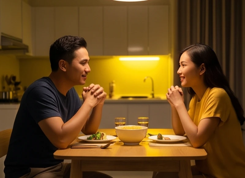 Mơ thấy mình ngoại tình: Giải mã tâm lý & điềm báo tài lộc 4 Vợ chồng ngồi trò chuyện vui vẻ bên bàn ăn tối dưới ánh đèn vàng ấm áp